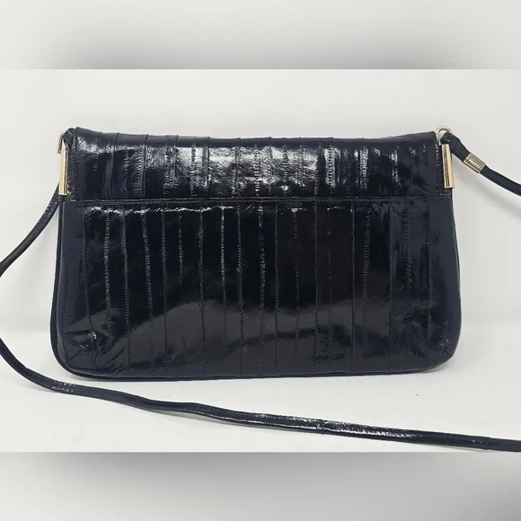Vintage Eel Skin Black Elegant Exotic Envelope Clutch Crossbody Gold Hardware - Picture 2 of 16